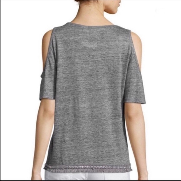 ⭕️ PRICE FIRM Derek Lam 10 Crosby M 100% Linen Fringe Gray Cold Shoulder Top - Picture 2 of 8